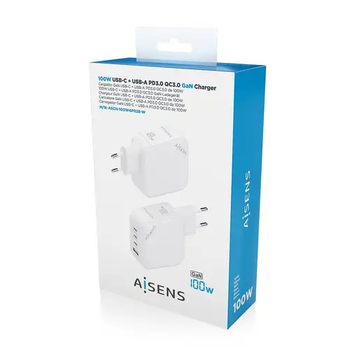 AISENS Cargador GaN 100W, 3xUSB-C PD3.0 QC4.0, 1xUSB-A QC3.0, Blanco