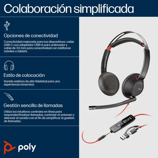POLY Auriculares estéreo Blackwire 5220 USB-C + Conector de 3,5 mm + Adaptador USB