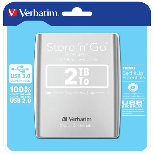 Verbatim Disco Duro Portátil Store 'n' Go USB 3.0 de 2 TB en color Plateado