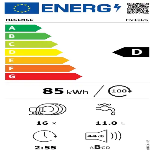 Hisense HV16D5 lavavajillas Completamente integrado 16 cubiertos D
