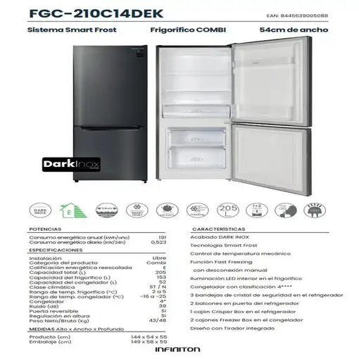 Frigorifico Combi Infiniton FGC-210C14DEK, 205 l, 144 cm, E, Sistema Smart