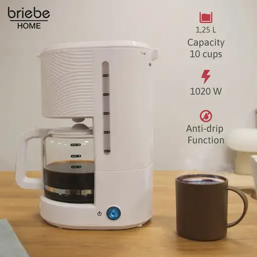 Cafetera Goteo 10 Tazas Máquina Café Filtro Reutilizable, 1,25 L, CM1171WHT Briebe