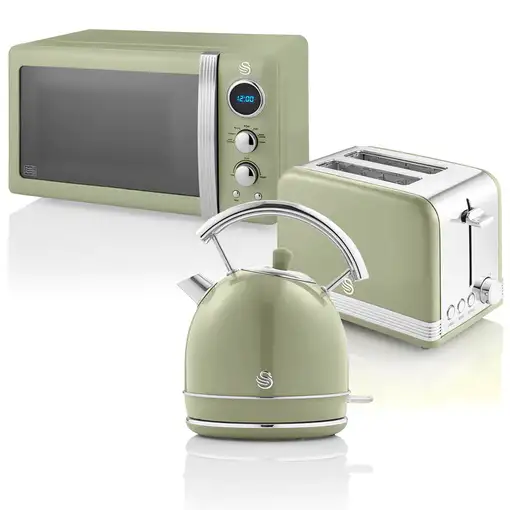 Retro Set Desayuno Hervidor Agua 1,8L, Tostadora,Microondas 20L, STRP2070GNEU SWAN