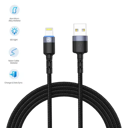 Cable de datos Tellur USB a Lightning con luz LED, 3A, 1,2 m, negro