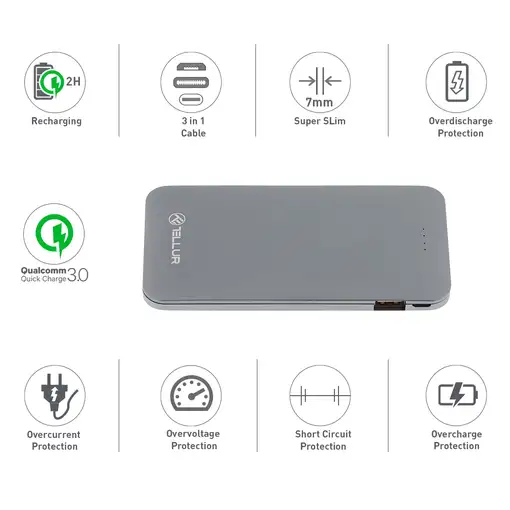 Batería externa Tellur QC 3.0 5000mAh, gris
