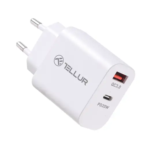 Tellur PDHC101 Cargador de pared de doble puerto, PD 20W + QC3.0 18W, blanco