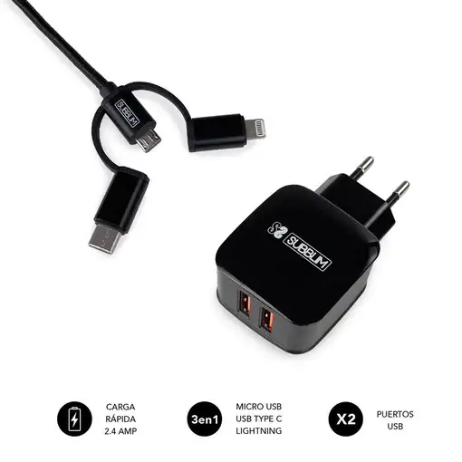 Cargador De Pared Abs Dual (2.4A) + Cable 3 En 1  Negro