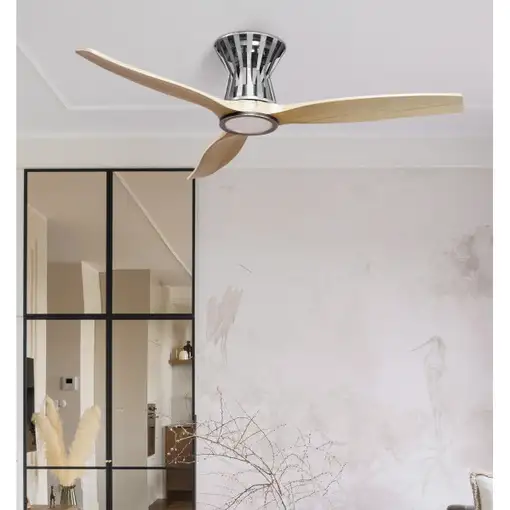Ventilador LED níquel/haya, 6 vel., con mando y temporizador