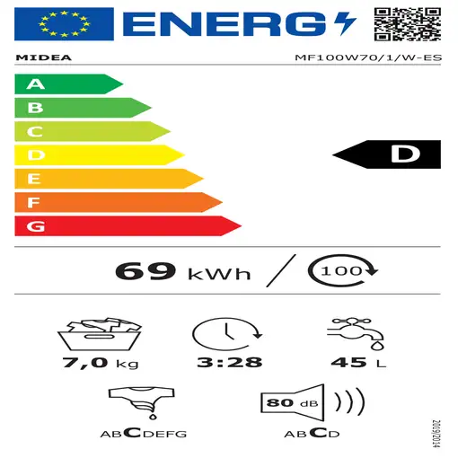 Lavadora de 7 kg, 1200 RPM, MF100W70/1/W-Es MIDEA