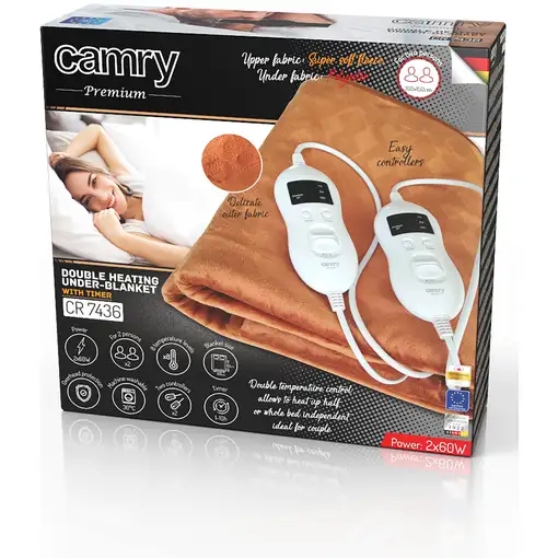 Calienta Camas Eléctrico Doble 150 x 160cm, 8 Niveles Temperatura, CR7436, Camry